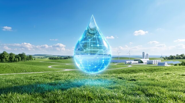 Digital Water Droplet Symbolizing Sustainability and Innovation in Renewable Energy Landscape