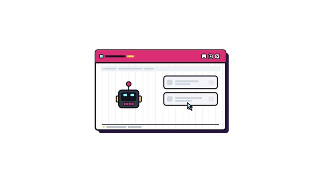 Animated user interface window displaying cute robot character and menu buttons