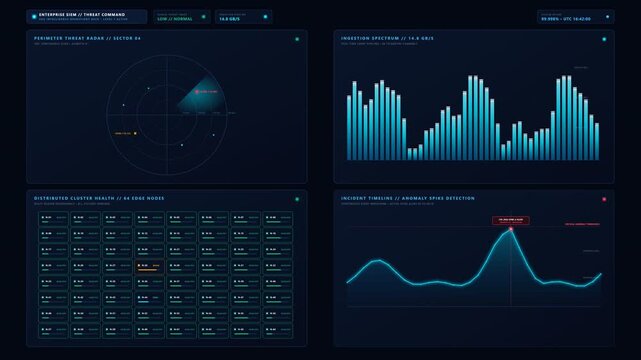 Enterprise SIEM Security Dashboard Grid with real-time log ingestion and anomaly alert pings