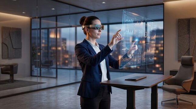 Businesswoman Using Augmented Reality Technology in Modern Office at Night