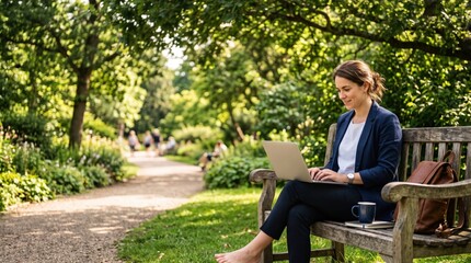 Fototapeta premium Young Woman Working Remotely on Laptop While Sitting on Park Bench Surrounded by Nature