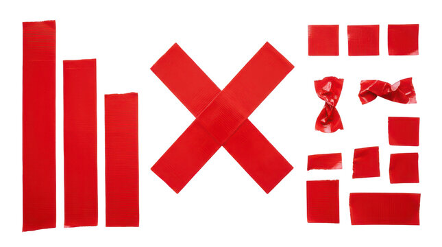 Collection of various pieces of red duct tape isolated on transparent background