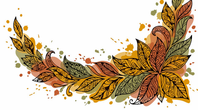 Hand-drawn autumnal leaves with intricate patterns and watercolor splashes