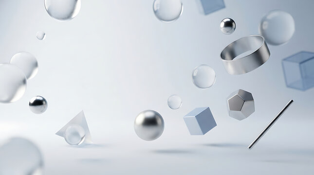 Floating geometric shapes including spheres and cubes in a silver tone