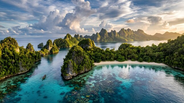 Scenic elevated view overlooking the stunning karst formations of the Piaynemo lagoon in Raja Ampat, Indonesia. The crystal-clear blue-green water reveals intricate coral reefs beneath the surface. Mu