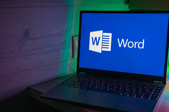 Logo of a word processor designed for creating, viewing, editing and formatting texts "WORD" on a laptop screen. Russia, Moscow, August 12, 2024