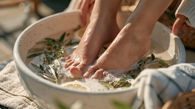 Overhead view of two puffy feet soaking in a ceramic basin filled with warm water and herbs, self-care ritual, foot edema relief, home remedy, relaxation therapy, tired legs
