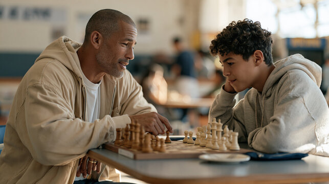A mentor at a youth center sitting beside a withdrawn teenage boy who has been referred through a trauma informed juvenile program, playing chess without speaking, the slow quiet
