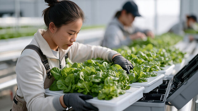 Vertical farm technician sorts leafy trays by category beside an open toolbox in a Valentine's Day self love solo celebration greeting card design, luxury indoor farm interior,