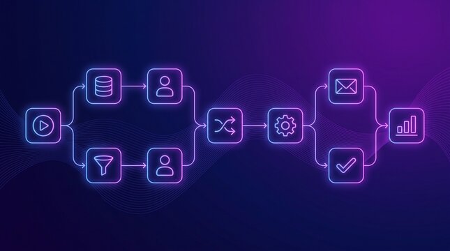 Complex automated digital workflow pipeline with glowing neon nodes and data processing routing steps