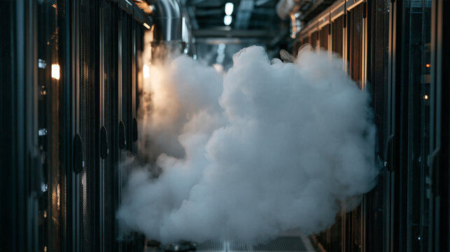 Halon alternative clean agent release test in empty server room, white suppression discharge cloud filling cabinet aisle, emergency drill documentation, fire suppression