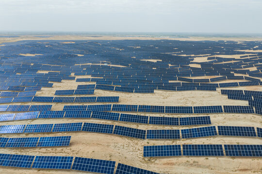 Desert photovoltaic panels, aerial view of a solar photovoltaic power station