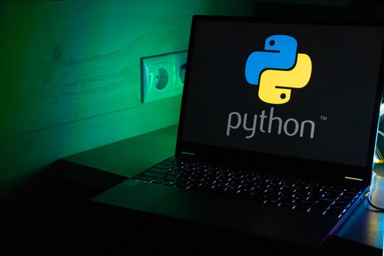 Python programming language. The Python programming language logo on a laptop screen. Russia, Moscow, August 1, 2024