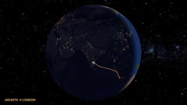 Jakarta to London flight route visualization on Earth globe with night lights and space background horizontal video animation