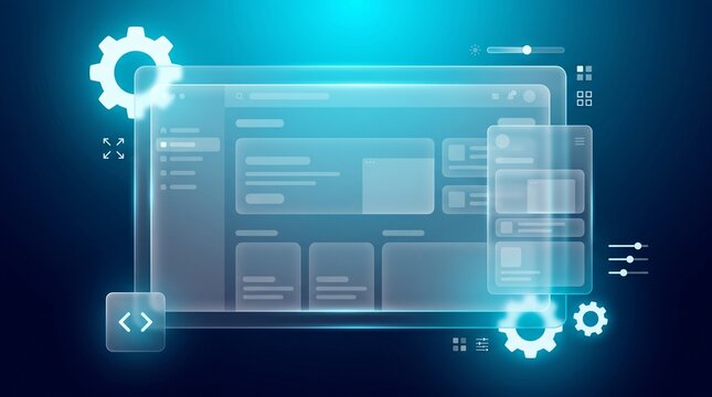 Futuristic software development platform interface with glass UI elements and gears