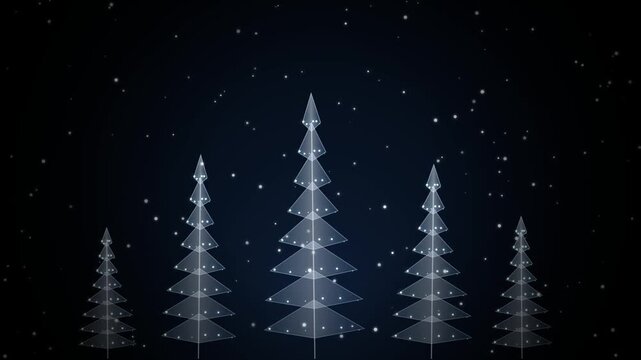 Abstract geometric christmas trees with glowing lights on a dark blue background