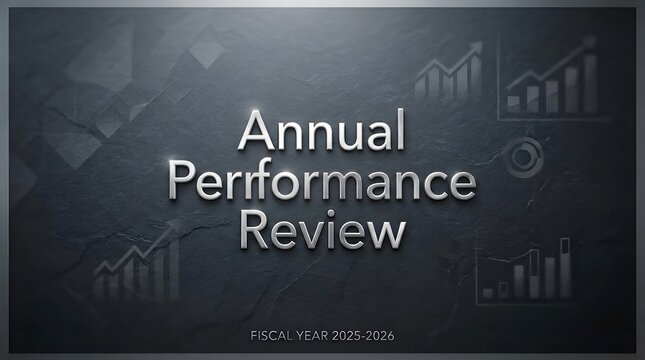 Annual Performance Review text on dark slate background, fiscal year 2025-2026 business report, financial data charts
