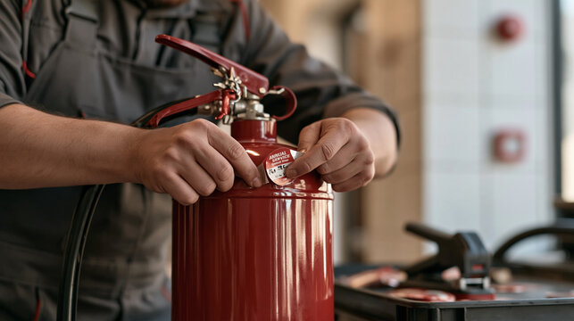 Close-up of inspection technician peeling expired annual service sticker from extinguisher cylinder, new sticker and date punch tool ready on nearby cart, inside a university