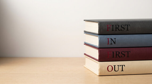 First In First Out spelled on stacked book spines on wooden desk
