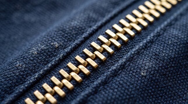 Extreme macro close-up of brass zipper teeth on dark canvas with copy space