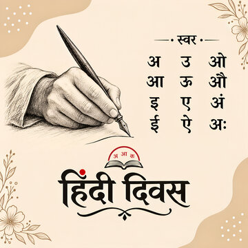 Vintage Style Hindi Diwas Banner Featuring Calligraphy Hand Sketch and Devanagari Alphabets