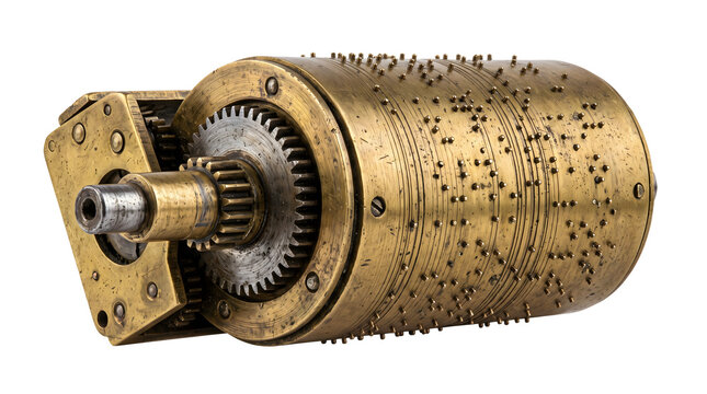 Ornate brass music box cylinder with protruding metallic pins and integrated gear drive for playing mechanical melodies.