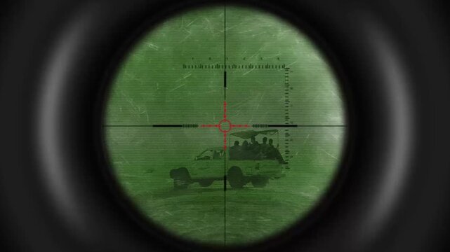 Night vision sniper rifle scope view targeting a military truck with armed men in a desert or combat zone.