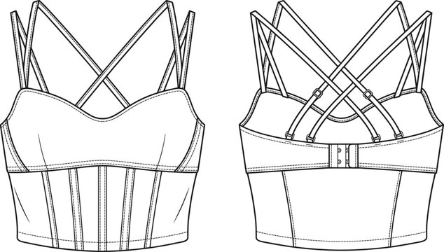 Corset Crop Top Technical Fashion Sketch with Crisscross Straps Front and Back View Flat Design Illustration