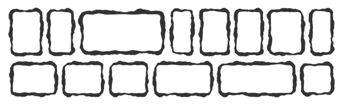 Rectangle and Square Frame Rough Wavy Organic Shape Torn Edge, Irregular Borders. Trendy Containers Grunge Style. Hand Drawn Black Outline Border Wave Frames Set, Framework Vector Doodle Brush Line
