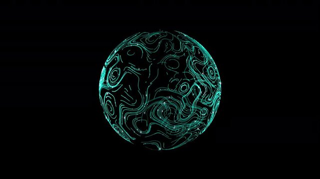 Abstract digital sphere formed by glowing lines and connected data points on a black background, representing artificial intelligence, big data, global networks, cybersecurity, Technology background