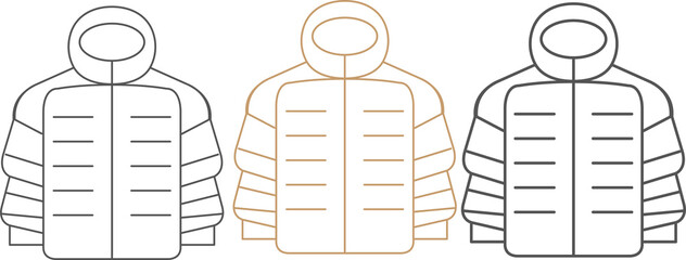Down jacket vector illustration. Winter coat graphic design. Hooded parka icon. Puffer outerwear fashion symbols. Outdoor cold weather clothing. © Mir