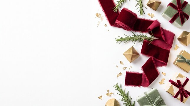 Holiday Christmas Banner with Deep Ruby Crimson Double-faced Silk Isolated on White Background