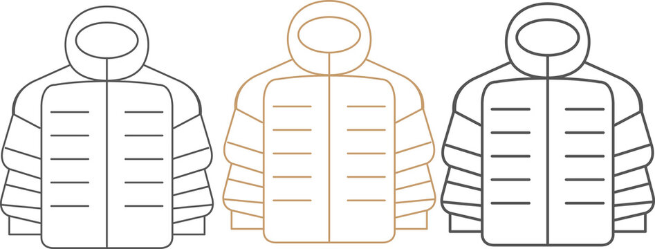 Minimalist puffer jacket vector collection, line art winter coats and jackets, trendy fashion illustration illustrations