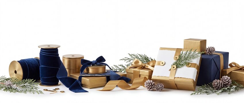 Christmas Banner with Gilded Brass Ribbon Spool Holder Spools Isolated on White Background