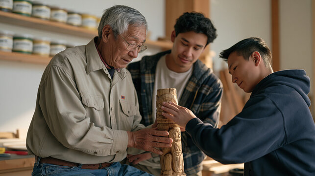 An elderly master scout leader and a teenage assistant polishing a finished carved totem together in a minimalist studio, a stack of labeled material containers lined along the