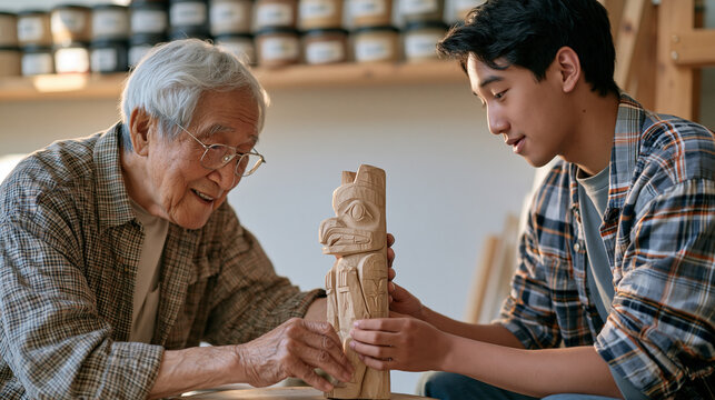 An elderly master scout leader and a teenage assistant polishing a finished carved totem together in a minimalist studio, a stack of labeled material containers lined along the