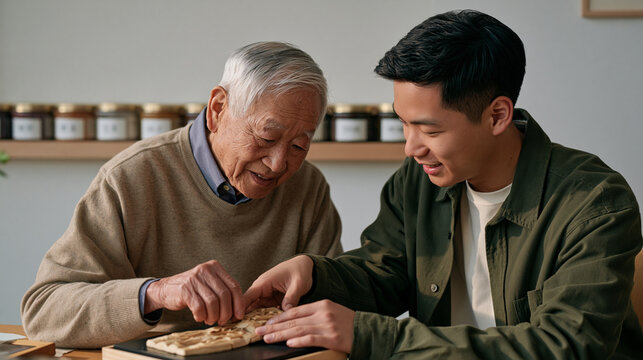 An elderly master scout leader and a teenage assistant polishing a finished carved totem together in a minimalist studio, a stack of labeled material containers lined along the