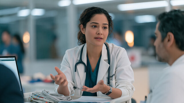 Emergency physician in a busy urban district carefully negotiates patient transfer terms with a colleague a bundle of medical cables and wires coiled on a cart between them the