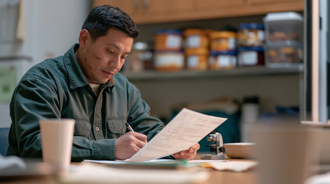 Dam operations worker in a hospital break room cross references two engineering documents during a rest period a smudge of grease on one cheek from an earlier site check as