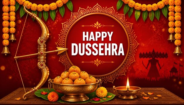 Greeting card with bow, sweets laddu and bidi leaves (Apta, Bauhinia) for Navratri festival with hindi text meaning Dussehra (Hindu holiday Vijayadashami). Vector