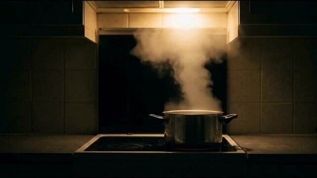 Steam Rising from a Pot on a Stove in a Dark Kitchen