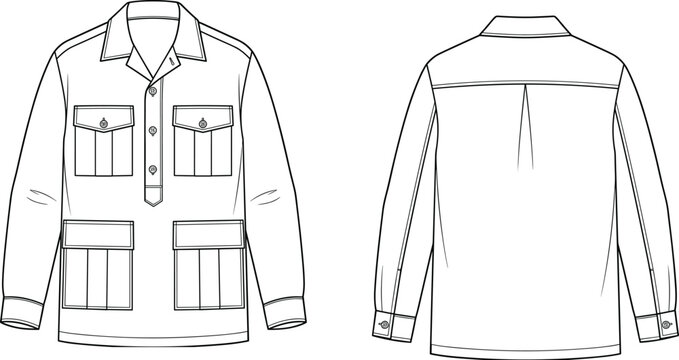 Safari Style Pullover Shirt Technical Fashion Sketch, Front and Back View, Four Pocket Long Sleeve Vector Illustration