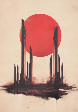 Dramatic abstract landscape featuring towering black monoliths silhouetted against a large red sun in a mystical scene