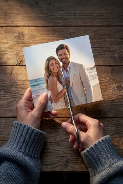 hands cutting couple vacation photograph with scissors on wooden table