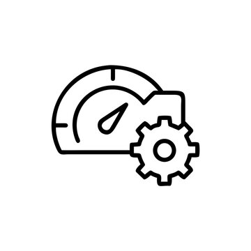 Performance optimization icon showing speedometer with gear symbols.