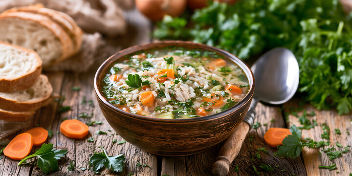 Creative food template. Carrot, chicken and rice classic simple soup broth with celery on rustic wooden table with slices of toast sourdough bread. copy text space