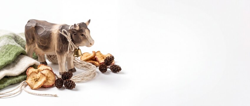Festive Christmas Banner with Hand-carved Swiss Alpine Cow Figurine Isolated on White Background