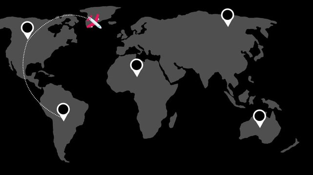 Global travel route map with location pins and airplane animation