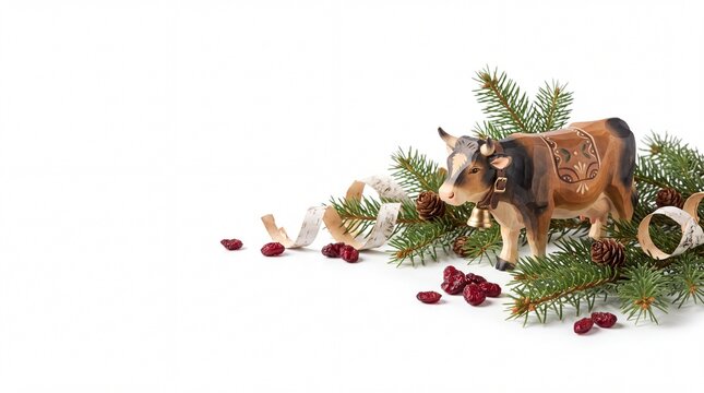 Holiday Christmas Banner with Hand-carved Swiss Alpine Cow Figurine Isolated on White Background