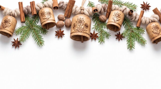Holiday Christmas Banner with Hand-carved Wooden Bell Chime Alpine Isolated on White Background